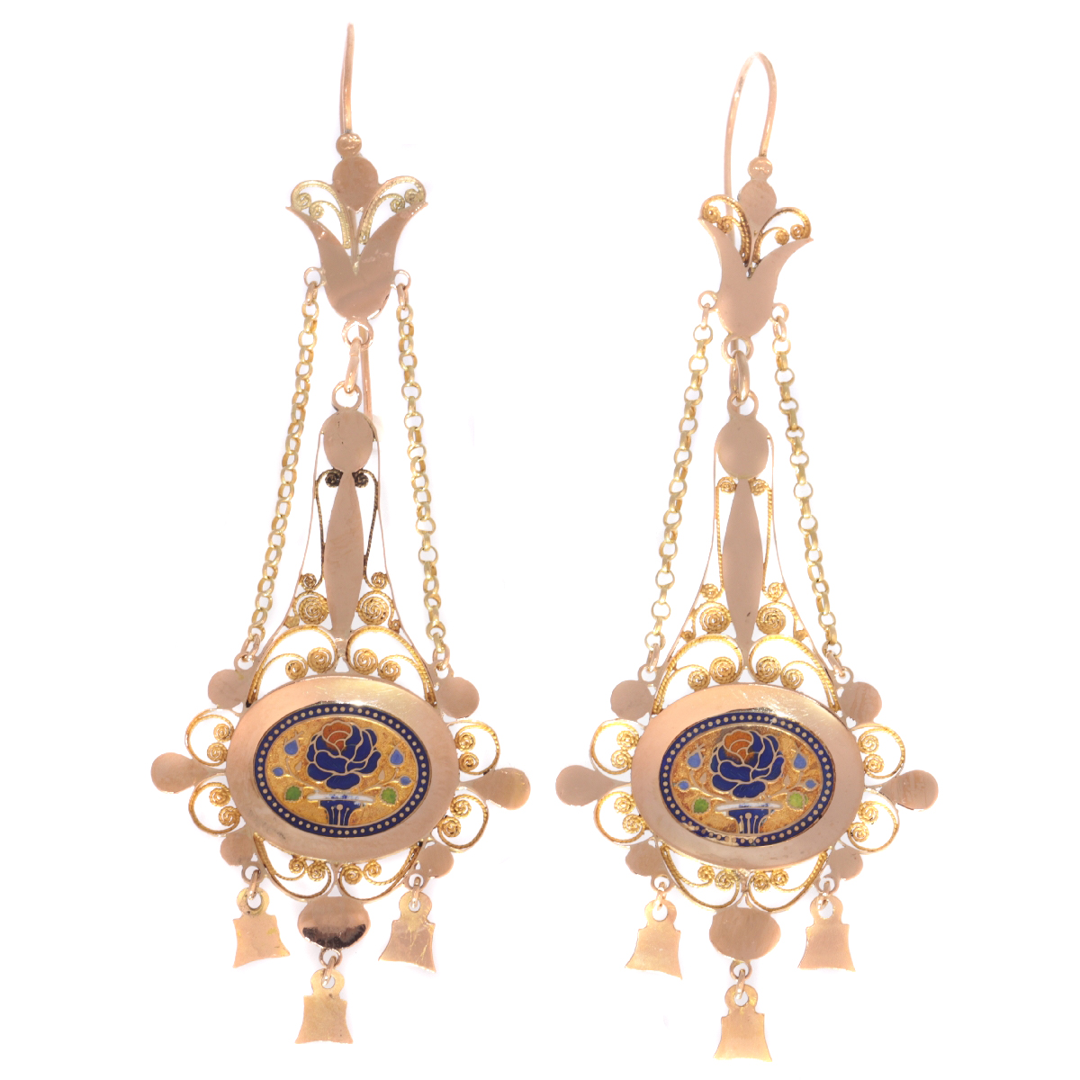 Antique gold pendent earrings with filigree and enamel early 19th Century